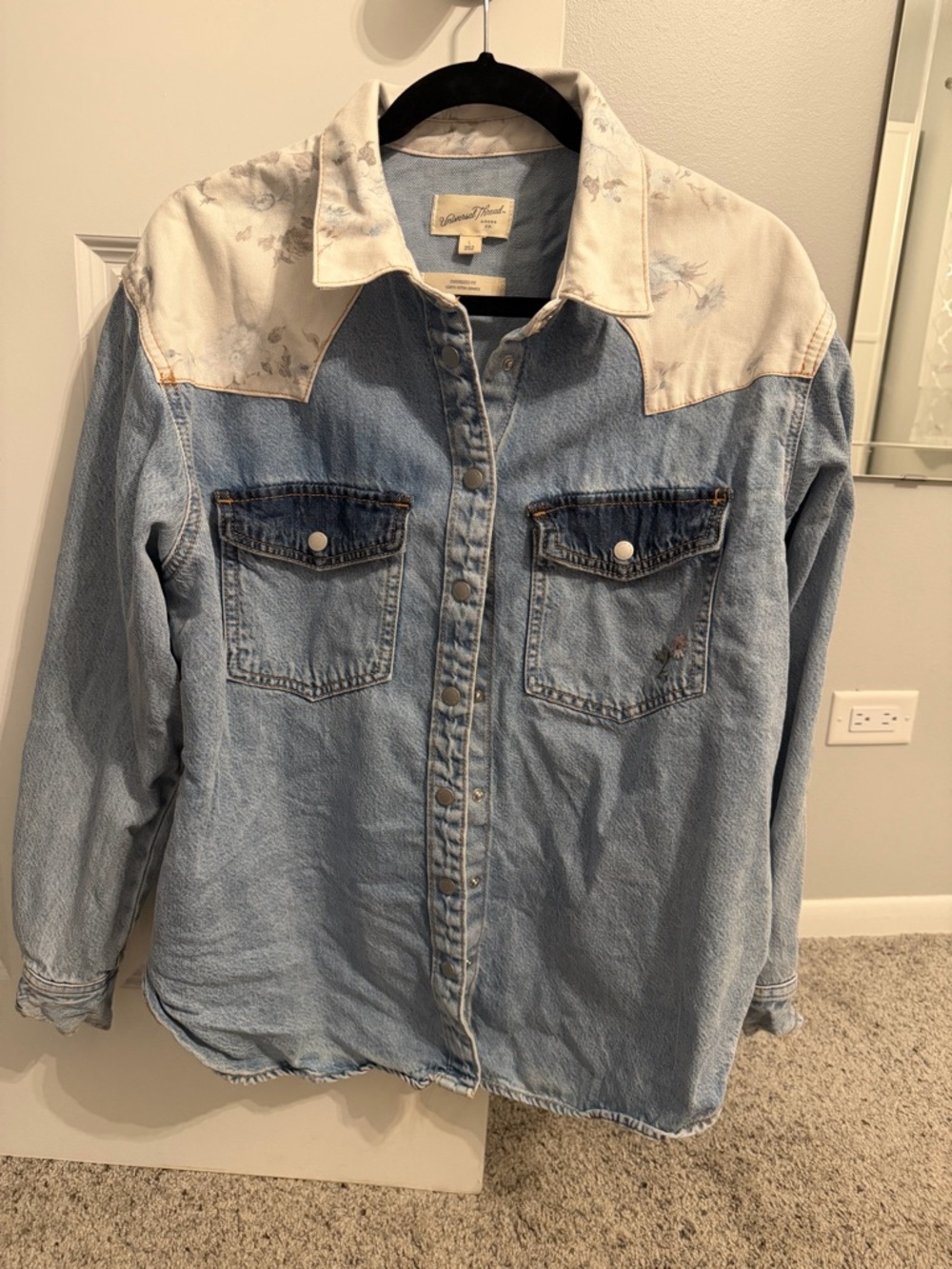Light Wash Denim Western Shirt with Cream Printed Flowers- worn once